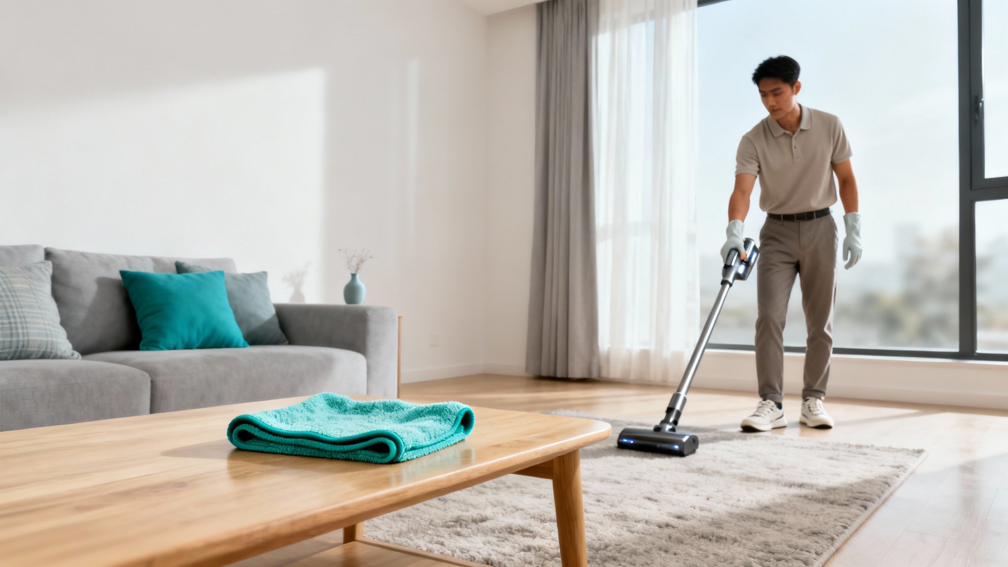 Sparkling clean living room after domestic cleaning service