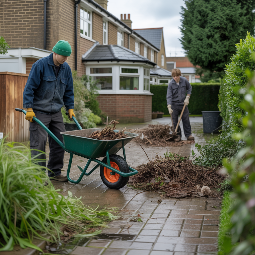 Garden clearance service removing overgrown bushes
