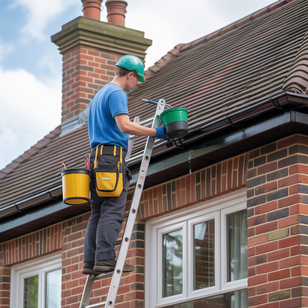 Gutter cleaning service on a residential house