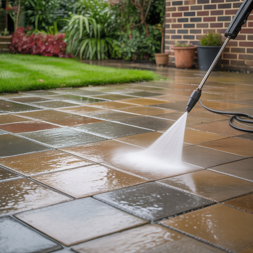 Patio cleaning with a pressure washer, showing before and after