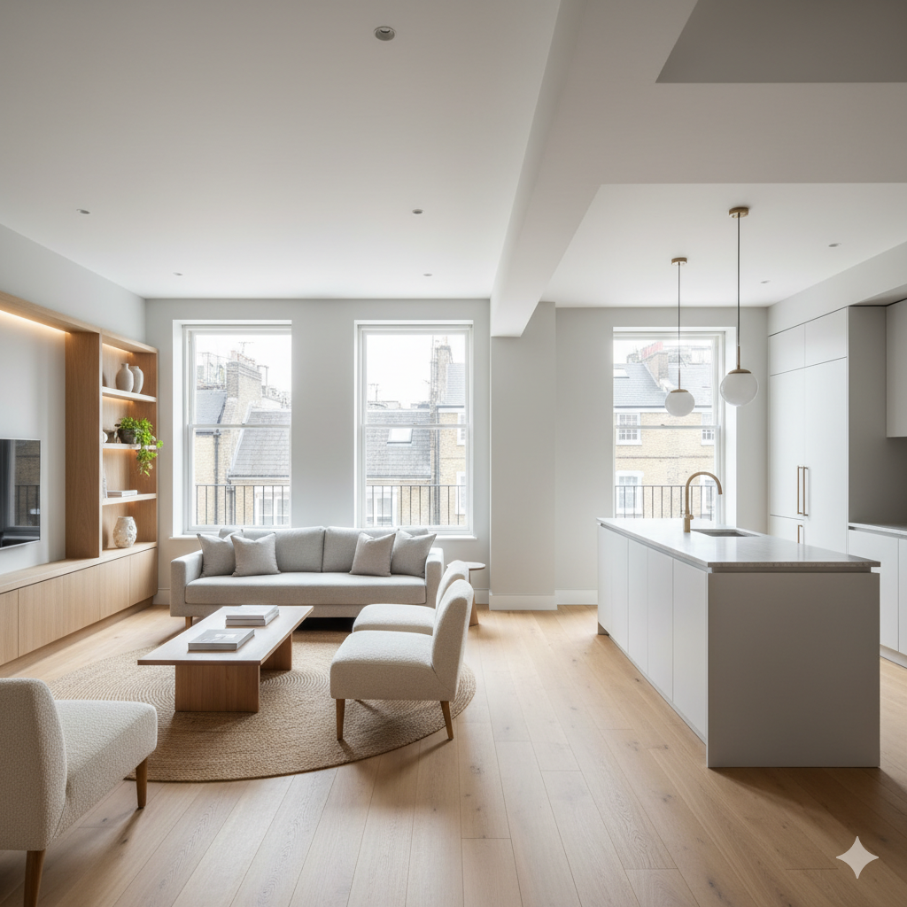 Modern flat refurbishment in London - Contemporary living room with quality finishes by Phoenix SPLTD